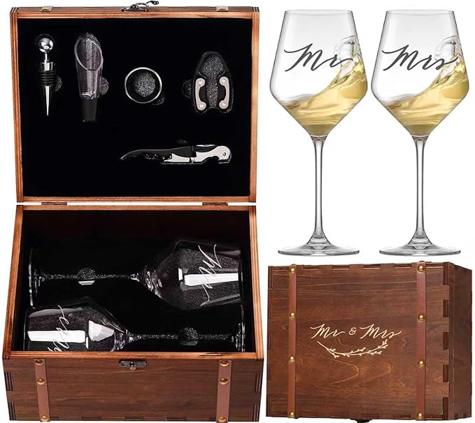 Mr Mrs Wine Glasses Gifts for Wedding/Engagement/Bridal Shower,Classy Engagement Present,WEDDING Gift for Couples,Women,Bride to be,Newlyweds-Wedding Keepsake Box with Wine Accessories