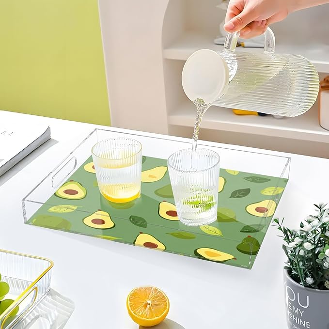 Serving Tray with Handles Clear Acrylic Tray 12x16 Inch Decorative Rectangular Tray Organizer for Ottoman Coffee Table Bathroom Green Avocado and Leaves