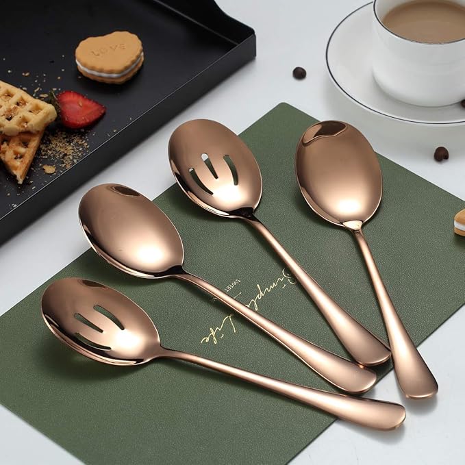 Rose Gold Serving Spoons 4 Pieces, Kyraton Titanium Plating Serving Spoon, Include 2 Serving Spoon And 2 Slotted Spoons, Stainless Steel Serving Utensils, Serving Set Packing of 4