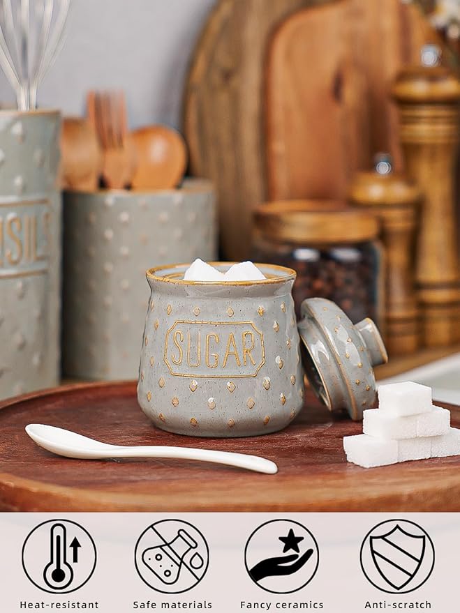 Sugar Bowl with Lid and Spoon, 10 OZ Ceramic Sugar Container for Kitchen Accessories, Sugar Storage Containers, Farmhouse Decor (Vintage Grey)