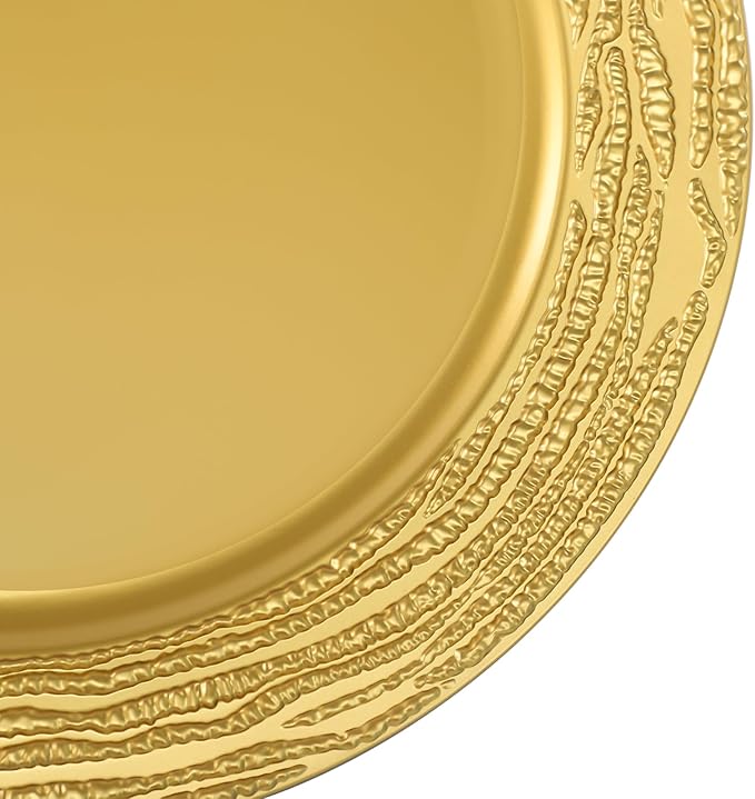 100 Pcs Antique Charger Plates Bulk 13 Inch Embossed Rim Plastic Party Dinner Plate Chargers Round Decorative Server Plate for Wedding Party Event Tableware (100pcs-gold10)