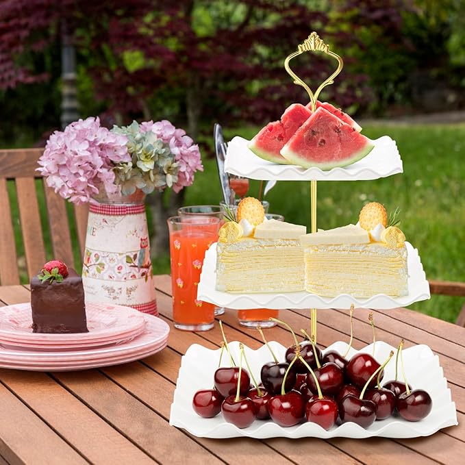 Coitak 3 Tier Cupcake Stand, Plastic Tiered Serving Stand, Square Dessert Tray for Tea Party, Birthday and Wedding (Pure White)