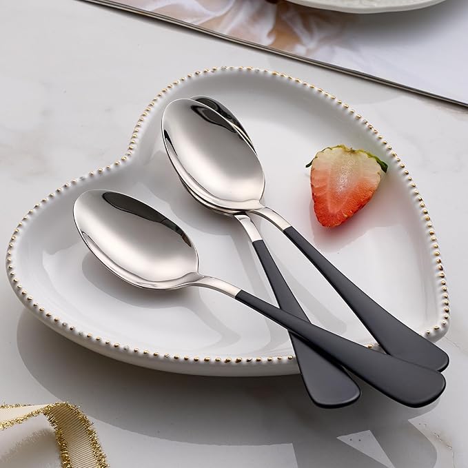 Dinne spoons Set 24 Piece,Black Handle Silverware 18/0 Stainless Steel Flatware Bulk 7.3-inch Dessert Spoons Sets Table of 24,Mirror Finished Dishwasher Safe