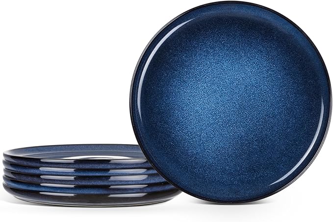 E-far 10.5” Ceramic Dinner Plates Set of 6, Large Reactive Glaze Stoneware Dishes, Round Salad Plate for Home Kitchen Restaurant, Microwave & Dishwasher Safe – Deep Sea Blue
