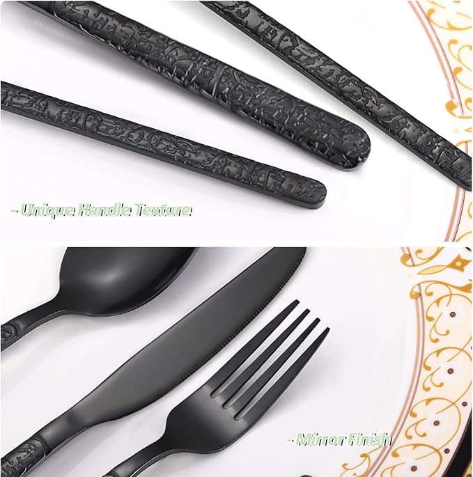 24 Pcs Black Hammered Silverware Set Service for 6,Stone Pattern Vintage Stainless Steel Flatware Set,Cutlery Utensil,Durable Kitchen Eating Tableware Set,Ripple Fork Knife Spoon Set,Dishwasher Safe