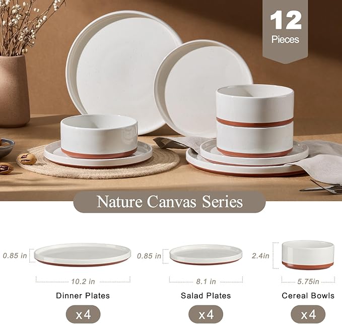 LIANYU Plates and Bowls Sets, 12 Pieces Stoneware Dinnerware Set for 4, Modern Kitchen Dinner Set Ceramic Dishware Dishes Set, Microwave and Dishwasher Safe, Cloud White