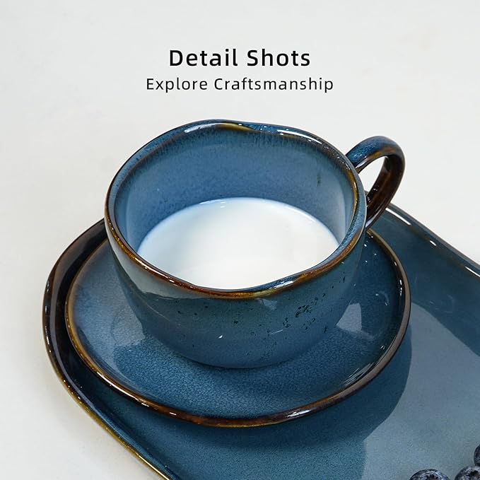 Organic Shape Highland Ceramic Coffee Cup and Saucer, 6pcs 8oz Handmade Reactive Glaze Saucer Sets with Wavy Edge, for Kitchen, Microwave & Dishwasher Safe, Scratch Resistant-Blue