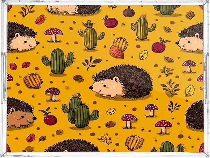 Serving Tray with Handles Clear Acrylic Tray 12x16 Inch Decorative Rectangular Tray Organizer for Ottoman Coffee Table Bathroom Hedgehogs Cactus Orange