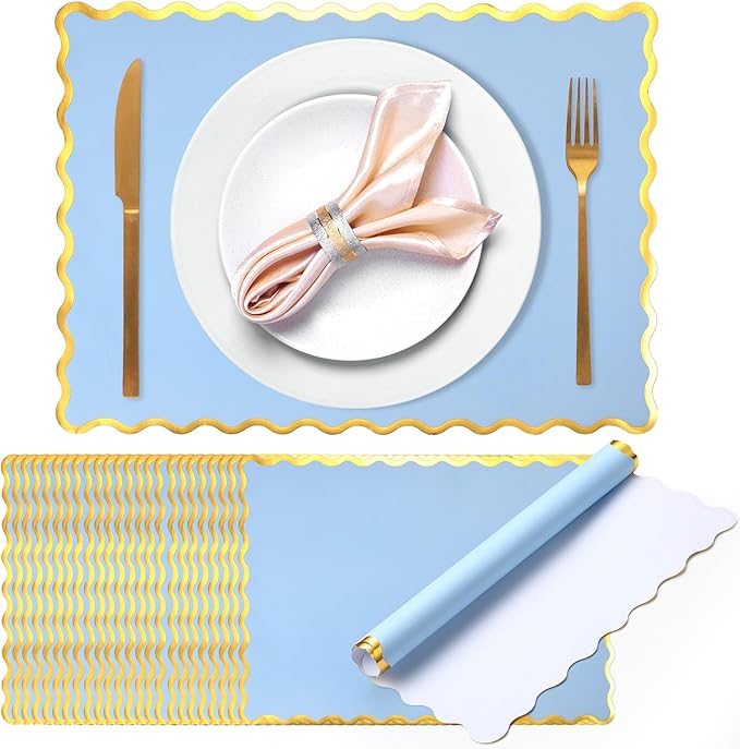 150 Pcs Disposable Paper Placemats Bulk 10"x14" Rectangle Place Mats with Scalloped Edges Dining Table Mat for Wedding Birthday Easter Party Table Decoration(Baby Blue)
