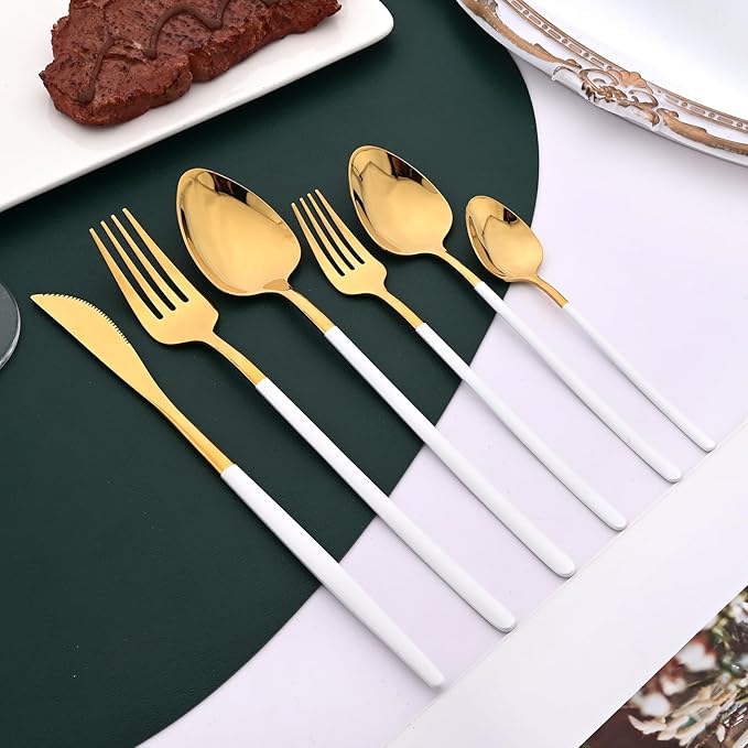 36pcs Silverware Set, 18/10 Stainless Steel Serving Flatware With Curved Handle For 6, Durable Eating Utensils For Home Entertaining, Mirror Polished (White Gold)