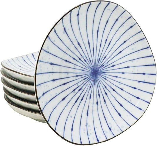 Ebros Gift Artistic Blue Waves Fubuki Tokusa Made In Japan Dinnerware Serveware Kitchenware Set Asian Japanese Restaurant Supply (Pack Of 6 Round Flair Appetizer Dessert Salad Shallow Bowls Plates)