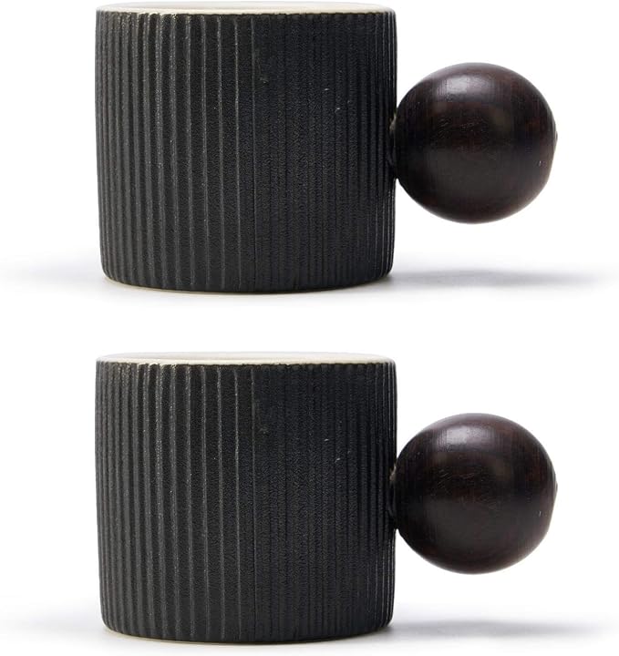 CLASGLAZ Ceramic Mini Espresso Cups Demitasse Cups with Round Wooden Handle Vertical Stripes Tea Cups (black, 2pcs)