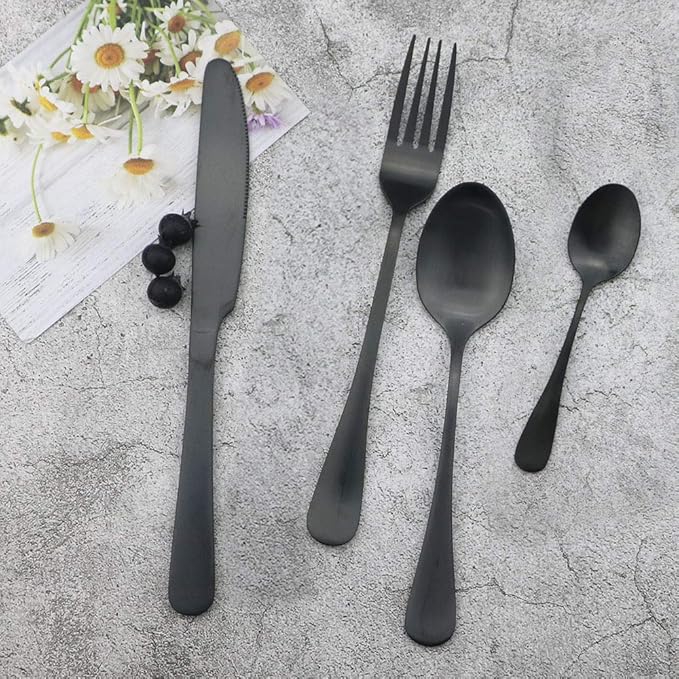 JASHII Matte Black Silverware Set, Satin Finish 4-Piece Stainless Steel Flatware Set,Kitchen Utensil Set Service for 1,Tableware Cutlery Set for Home and Restaurant, Dishwasher Safe (Black full)