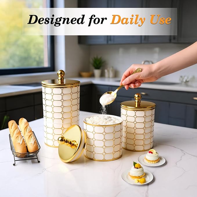 3 Piece Plastic Storage Jars Set for the Kitchen Counter, Sugar and Flour Containers with Airtight Lids for Home Kitchen, Office