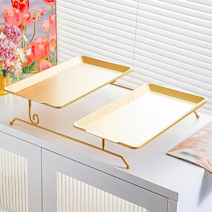 Wooden Serving Tray, Acacia Wood Fruit & Vegetable Display Platter for Countertop, Hotel, Party, Holiday- Gold