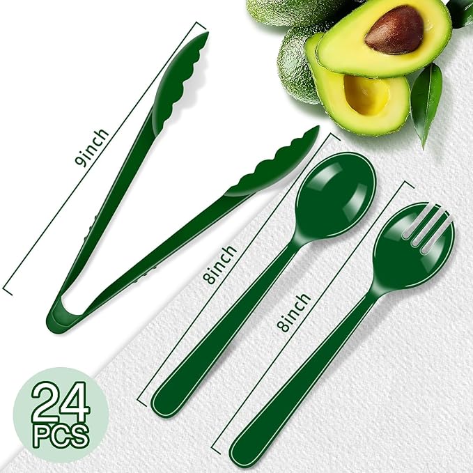 24 Pcs St. Patrick's Day Party Supplies, Plastic Serving Utensils Set 8 Tongs, 8 Spoons, 8 Forks, Heavy Duty Green Party Supplies for Buffet Holiday Restaurant Dinner Salad Noodles Soup and Daily Use