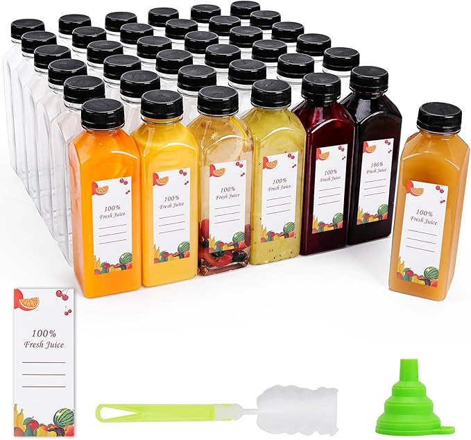 Plastic Juice Bottles 150 pcs 16 oz Empty Plastic Water Bottles with Caps Reusable Clear Beverage Containers for Drinking, Juicing, Smoothie, Water with 2 Brushes, 2 Funnels (16-OZ)