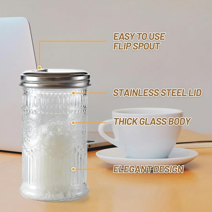 Glass Sugar Shaker Dispenser 12oz, Stainless Steel Flip Top Lid for Easy Pouring, Sugar Pourer for Sugar, Powdered Sugar, Parmesan, Cinnamon, & Spices (Sunflower)