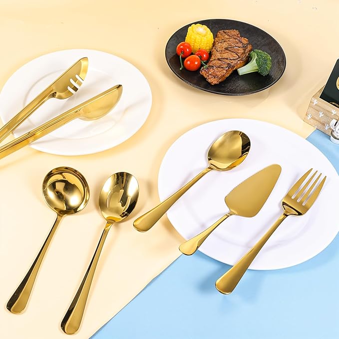 20 Pcs Gold Serving Utensils, Stainless Steel Serving Utensil Set Included Spoons Forks Tongs Slotted Spoon Ladle Cake Server for Kitchen Catering Banquet Wedding Buffet Party