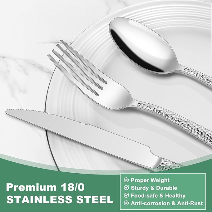 Hammered Silverware Set, 40-Piece Stainless Steel Wave Flatware Set for 8, Food-Grade Tableware Cutlery Set, Utensil Sets for Home Restaurant, Mirror Finish, Dishwasher Safe