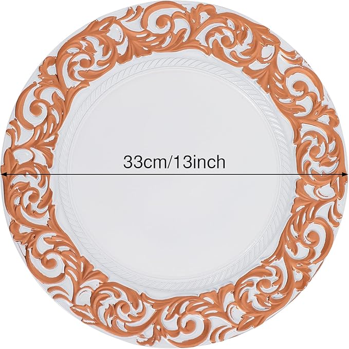 50 Pcs Antique Charger Plates Bulk 13" Round Floral Chargers for Dinner Plates, White Charger Plates for Wedding, Party, Elegant Tabletop Decor (White+Rose Gold)