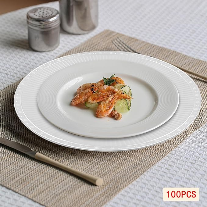 100 Pcs Round Serving Plates 13in Antique Charger Plates Bulk Plastic Charger Plates Set with Stackable &　Edge Texture Pattern Table Chargers for Parties, Weddings, Banquets, Restaurants（Silver）