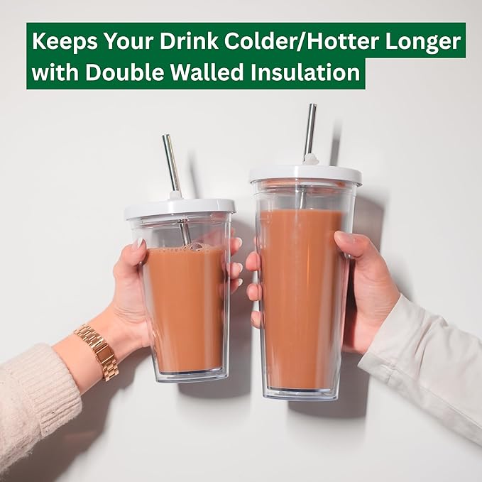 Kensal Home Reusable Iced Coffee Cup (16 Oz/Grande), Leak Proof and Double Wall Insulated Iced Coffee Tumbler, Come with Reusable Plastic and Metal Straws and Straw Cleaner - White