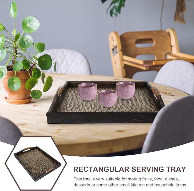 Wood Rectangular Serving Tray with Raised Handles Large Southeast Asian Style Woven Tea Cup Holder Decorative Wooden Drink Tray for Home, Office, and Hotel Use
