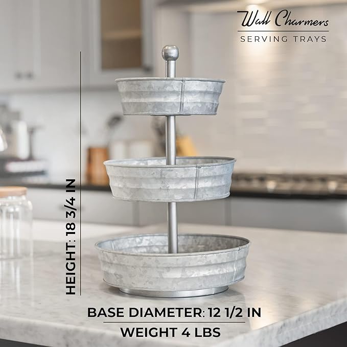 WallCharmers 3 Tier Galvanized Round Metal Tray, Three Tiered Serving Tray for Farmhouse or Cottage Theme Decor, 18 Inches, Size,