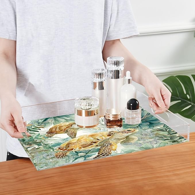 Serving Tray with Handles Clear Acrylic Tray 12x16 Inch Decorative Rectangular Tray Organizer for Ottoman Coffee Table Bathroom Sea Turtle Starfish Plants