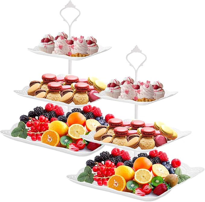 Cupcake Stand,2 Set of 3-Tier Dessert Plates Mini Cakes Fruit Candy Display Tower Cookie Tray Rack Candy Buffet Holder Plastic Cake Stand for Wedding Home Holiday Birthday (Square)