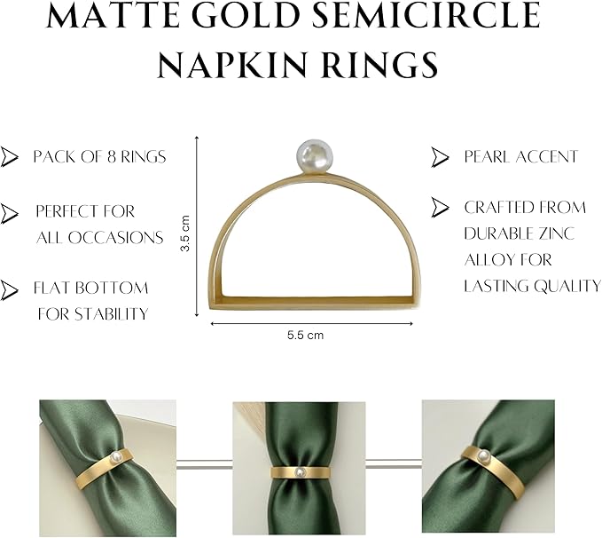 Gold Napkin Rings Set of 8 - Semicircle Napkin Ring Holder in Matte Gold- Pearl Napkin Rings for All Occasions Made of Durable and Sturdy Zinc Alloy