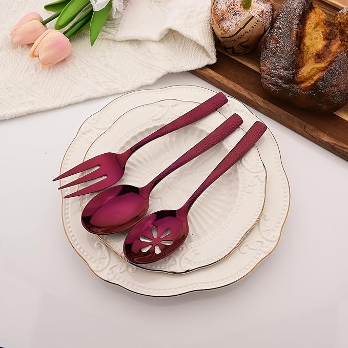 6 PCS Hammered Serving Utensils, Uniturcky Stainless Steel Serving Spoons Set, Square and Thick Hostess Serving Set, Includes 2 Serving Spoon 2 Serving Fork and 2 Slotted Spoon, Mirror Purple