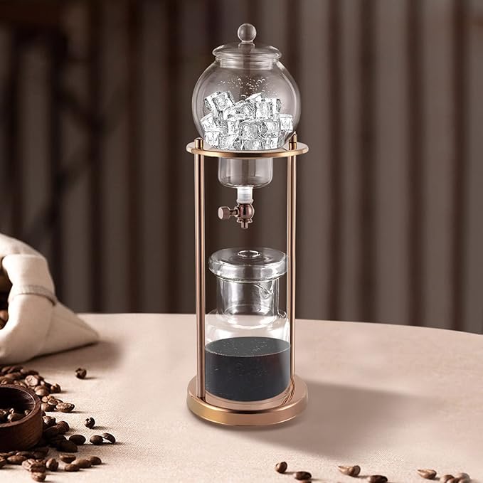 Metal Cold Brew Drip Tower, Ice Cold Drip Tower 600ml Capacity, Iced Coffee Cold Brew Drip Tower, Ice Coffee Maker for Home, Coffee Shops, Offices 6-8 Cups (Gold)