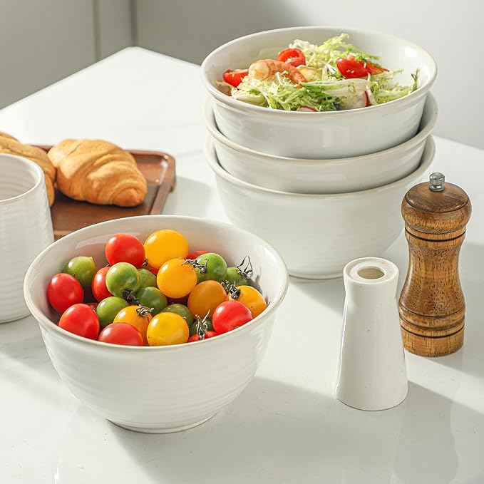 Cereal Bowls Set of 4, 40 Ounce Serving Bowls for Soup Salad Pasta Popcorn Oatmeal Breakfast, Durable Deep Ceramic Bowls, Microwave Safe & Dishwasher Safe, White