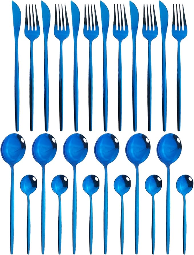 JASHII 24 Piece Titanium Plated Stainless Steel Flatware Set, 24 Piece Blue Silverware Set, Service for 6 (Shiny)