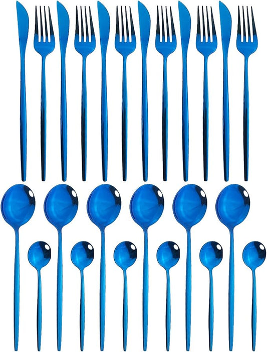 JASHII 24 Piece Titanium Plated Stainless Steel Flatware Set, 24 Piece Blue Silverware Set, Service for 6 (Shiny)
