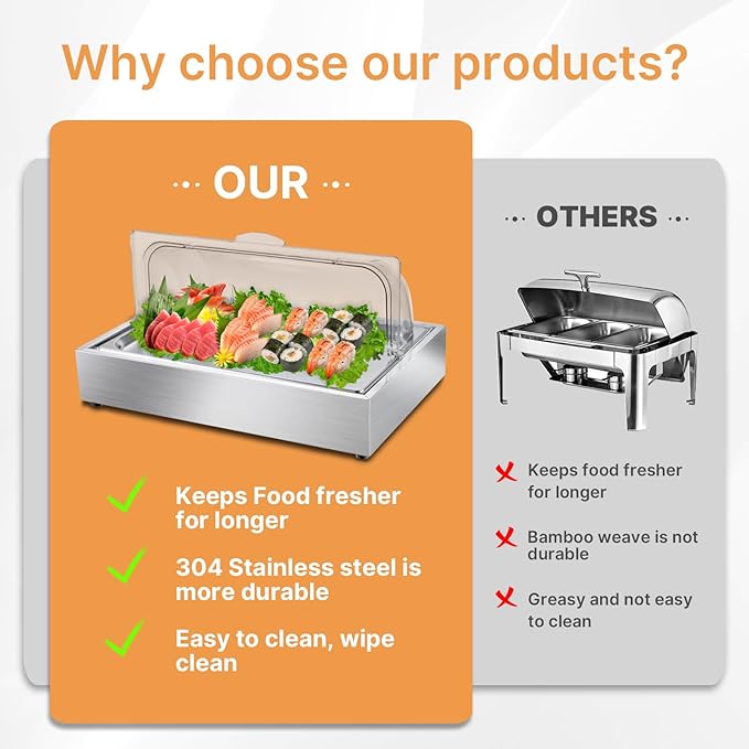 Ice Food Serving Display Tray, Cold Serving Plate with Clear Roll Top, 5QT Stainless Steel Food Serving Tray, Cooling Food Dishes Display Plate for Home, Buffet, Restaurant, Party