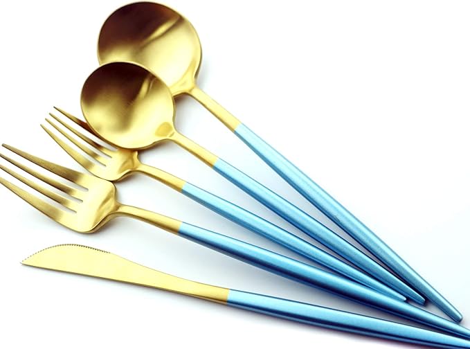 Gugrida 20 Pieces Matte Gold Blue Handle 18/10 Stainless Steel Silverware Set, Flatware Set Titanium Black Cutlery Set, Utensils Set for Home Restaurant Service Set for 4, Dishwasher Safe (Blue Gold)
