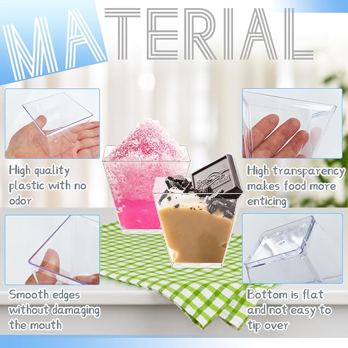 100 Pack 3.5 Oz Square Dessert Cups,Small Clear Square Plastic Tasting Cups,Disposable Square Clear Plastic Dessert Cups for Ice Cream,Candy,Salad,Jello,Appetizers,Mousse