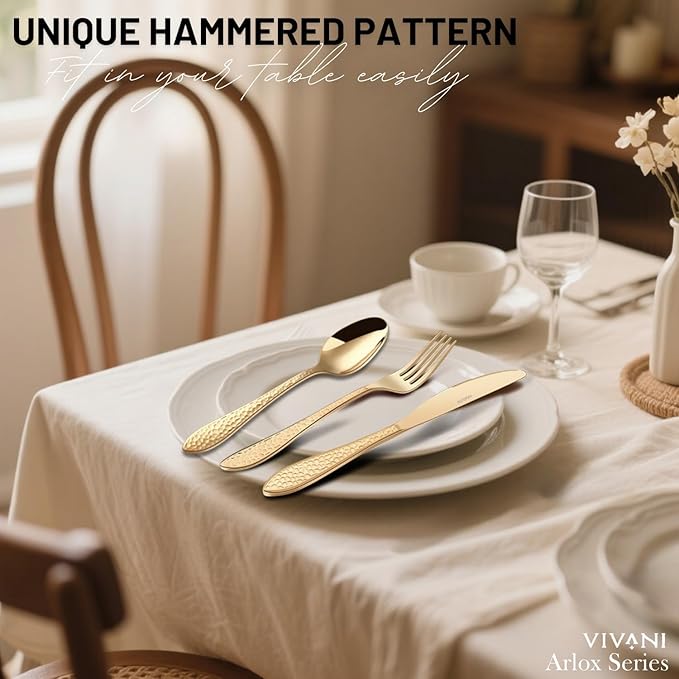 VIVANI 40-Piece Champagne Gold Silverware Set, Food-Grade Stainless Steel Gold Flatware Set for 8, Hammered Cutlery Set for Home, Restaurant, Wedding, Cafes, Dishwasher Safe