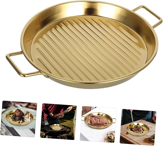 GLEAVI Double Ears Gold Serving Tray Stainless Steel Dinnerware Snack Plate Fruit Dinner Plate for Outdoor Bbq
