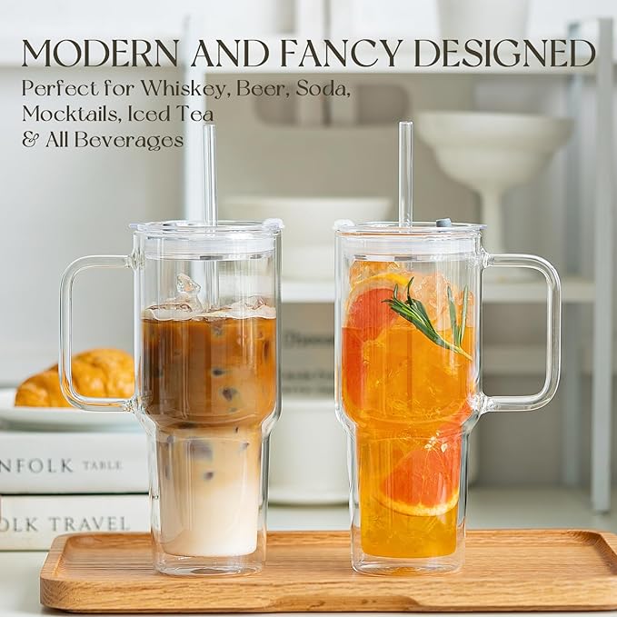 KEMORELA 2 Pack 28oz Double Wall Glass Tumblers with Handle, Lids & Straws – Large Insulated Clear Borosilicate Glass Cups for Iced Coffee, Smoothies, Bubble Tea & Cold Beverages