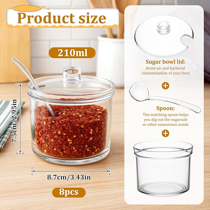 8 Pieces Clear Acrylic Sugar Bowl, 7.1 oz Seasoning Box, Condiment Pots with Spoon and Lid, Sugar Spice Salt Canister for Home Kitchen, Coffee Bar, Restaurant