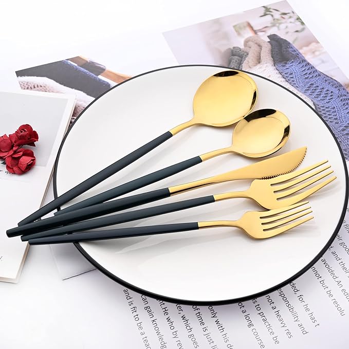 30-Piece Snplowum Mirror Flatware Serving Set, 18/0 Stainless Steel Dinnerware With Green Handle, Modern Durable Home Kitchen Eating Tableware Set Service For 6 (Green Gold)