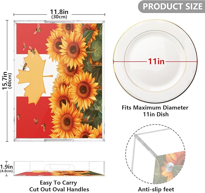 Serving Tray with Handles Clear Acrylic Tray 12x16 Inch Decorative Rectangular Tray Organizer for Ottoman Coffee Table Bathroom Sunflowers and Bees Canada Flag