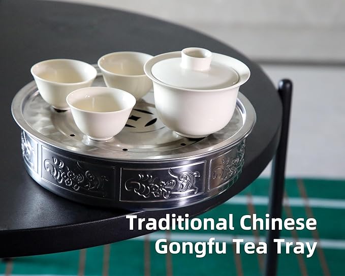 Stainless Steel Tea Tray, Traditional Chinese Gongfu Tea Serving Tray, Auspicious Clouds and Copper Coins Design for Good Luck and Wealth, Water Storage (Large)