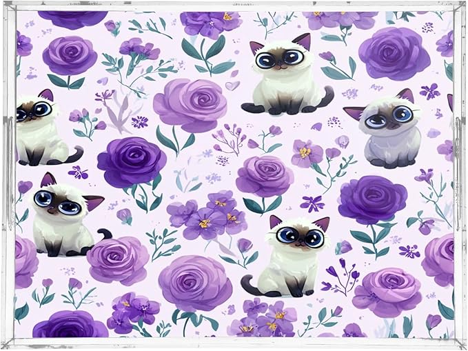 Serving Tray with Handles Clear Acrylic Tray 12x16 Inch Decorative Rectangular Tray Organizer for Ottoman Coffee Table Bathroom Purple Floral Cute Cats