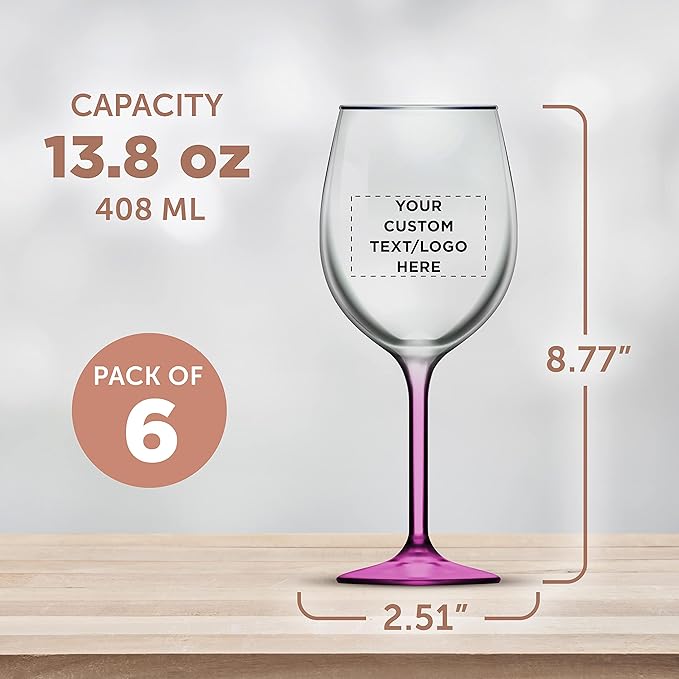 Custom Wine Glasses 14 oz. Set of 6, Personalized Bulk Pack - Restaurant Glassware, Perfect for Red Wine, White Wine, Cocktails and More - Pink