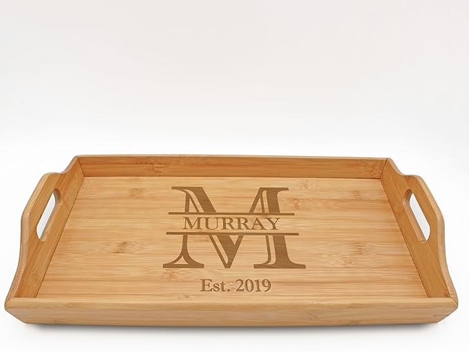 Personalized Bamboo Wood Serving Tray with Handles, Engraved Wooden Trays, Wedding Gifts, Housewarming Gifts (Campbell)